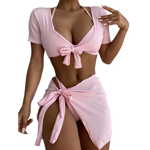 Filled Swimsuit Set Women's Top Swimwear Bra Beachwear Bikini Print Swimwears Tankinis Set Pink L