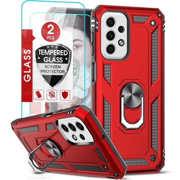 LeYi for Galaxy A23 5G Phone Case, Samsung Galaxy A23 5G Case with [2 Pack] Tempered Glass Screen Protectors, Heavy Duty Protective Phone Case with Magnetic Ring Stand for Samsung A23 5G, Red