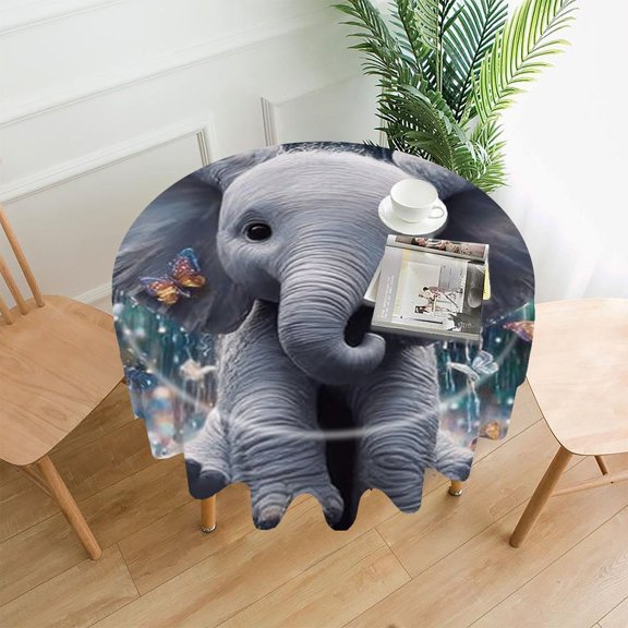 RKSupls 60 Inch Round Tablecloth, Baby Elephant Butterflies Premium Polyester Straight Edge Wrinkle Resistant Washable Table Cover for Party Home Dining Decor