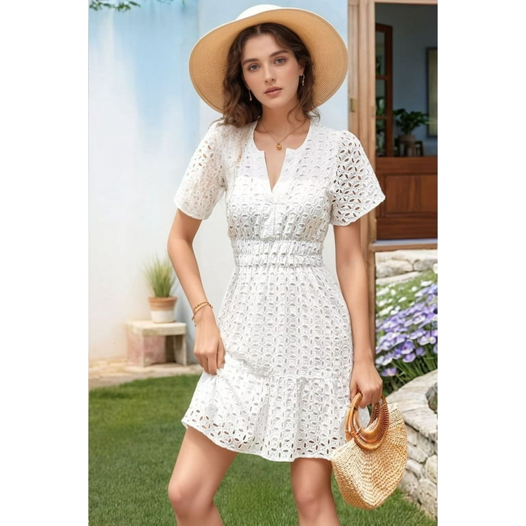 white short sleeve mini dress HELLO MOLLY In Her Element Embroidered Size M Gathers around waist creating a full skirt Women'S Summer Short Sleeve Mini