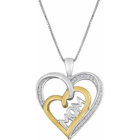1/10 Carat T.W. Diamond 14kt Yellow Gold Accent over Sterling Silver Heart/Mom Pendant, 18
