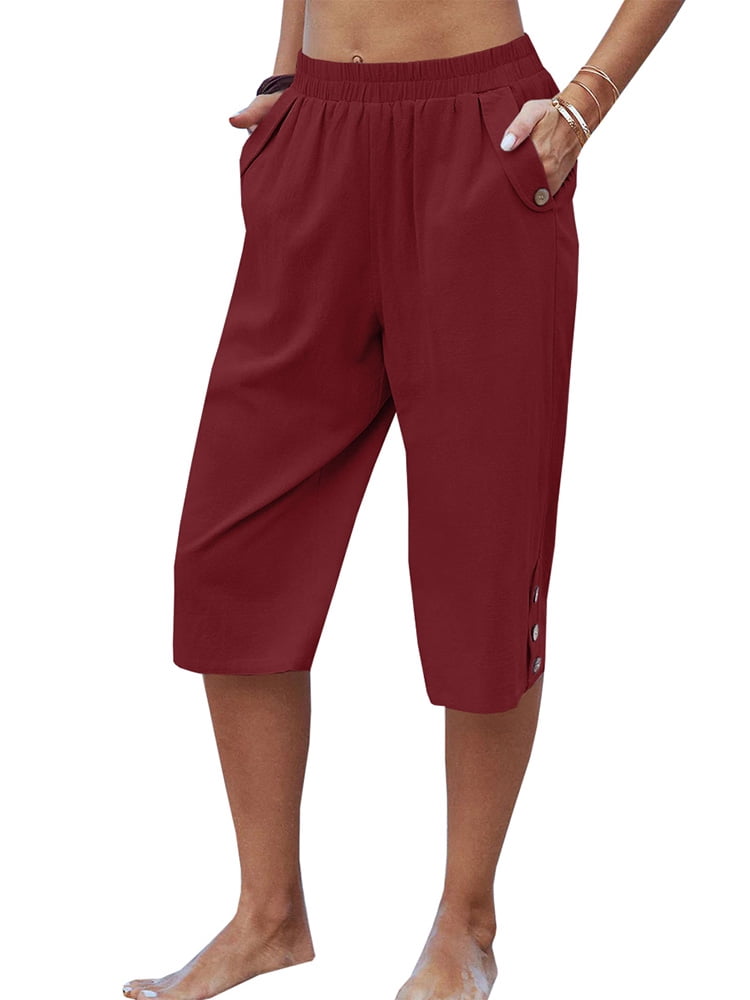 Womens Casual Pants Elastic Waist Solid Color 3/4 Summer Trousers With