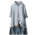 thumbnail image 2 of Womens 3/4 Sleeve Shirts Plus Size S-5X Button-Down Collared Cotton Linen Blouses Cute Casual Loose Solid Ruffle Hem Basic Comfort Tops, 2 of 6