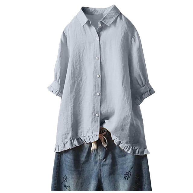 Timegard 3/4 Sleeve Tops for Women Cotton Linen Plus Size Ruffle Button up Shirts Fall Loose Tops Blouse