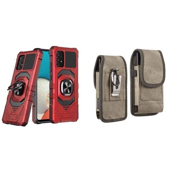 Case with Belt Holster Bundle for Samsung Galaxy A53 5G: Heavy Duty Shield Cover (Red) and Vertical Rugged Denim Nylon Phone Pouch (Brown)