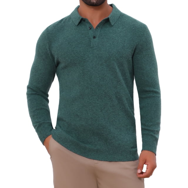 Camisa de polo de punto de negocios de color sólido de manga larga para hombre XL verde oscuro