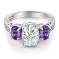 thumbnail image 3 of Gem Stone King 925 Sterling Silver Oval Moissanite and Purple Amethyst 3-Stone Women Ring (3.00 Cttw, Gemstone Birthstone, Size 5), 3 of 6
