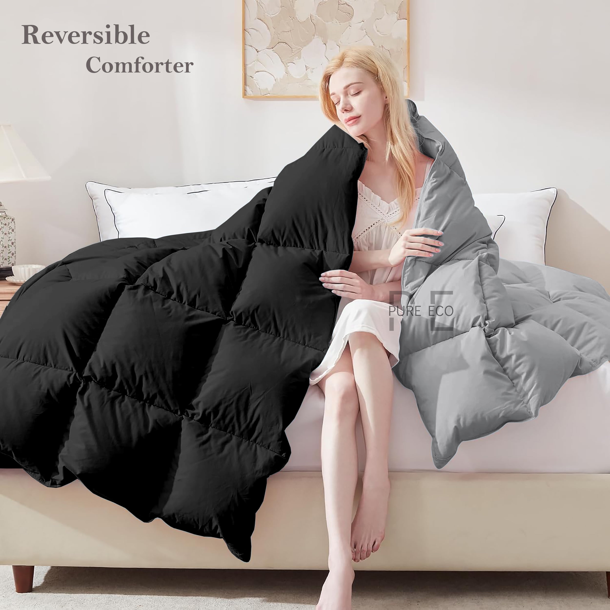 Pure Eco Hotel Bedding Comforter Twin Size, Duvet Insert, Quilted Comforter with Corner Tabs, All Season Lightweight Quilt, Down Alternative Hotel Comforter Twin Size 68X90 Black/Silver Gray