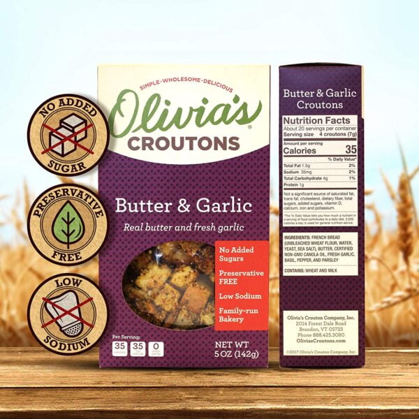 Pack of 6, Olivias Croutons Butter & Garlic, 5 oz