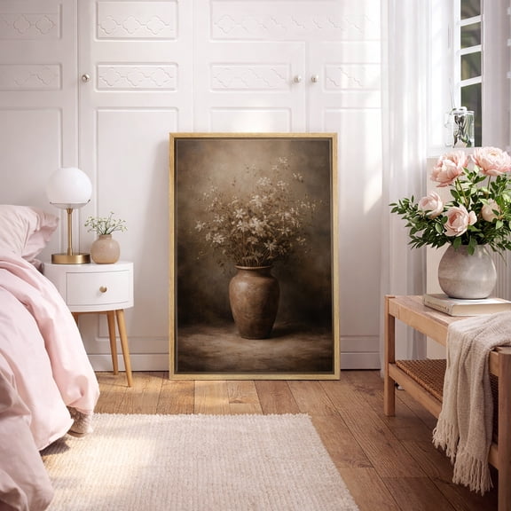 Framed Canvas Print Vintage Floral Wall Art Dark Academia Decorative for Living Room Bedroom - 16"x24" NATURAL