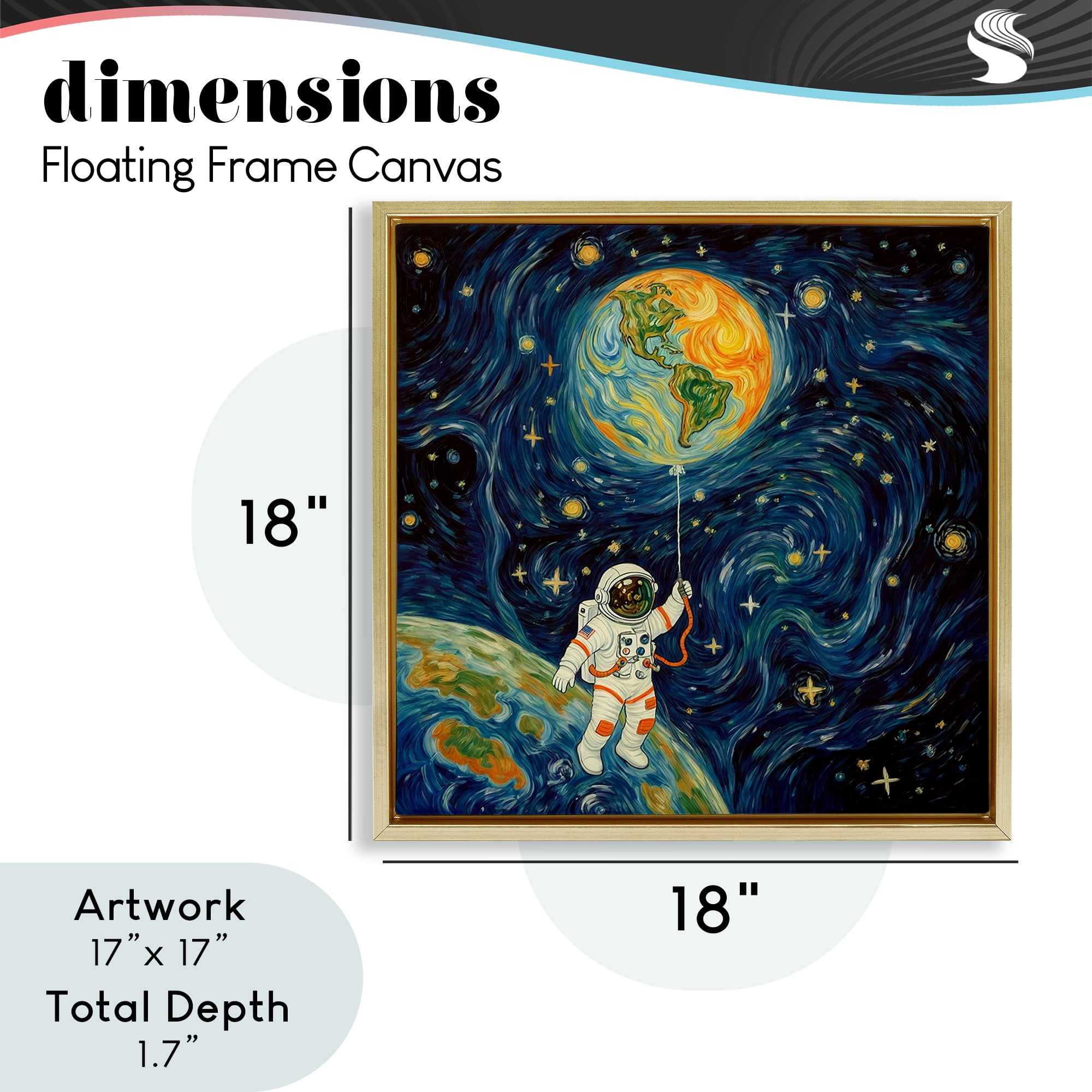 Astronaut with Earth Balloon Gold Framed Floater Canvas Wall Art, design by Angie Hawke