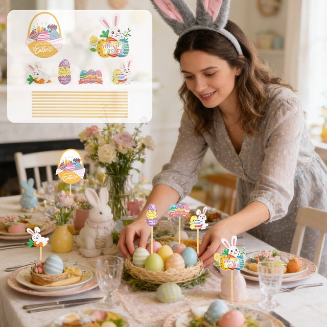 RKSTN Paper insertion fl ag 20pcs Easter Vase Plugin Set Egg Rabbits Desktop Decoration Vase Insert Cards room decor