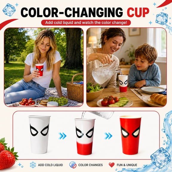 Spider Brand New Spidey Superhero Heat-Sensitive Color Changing 11.83OZ Reusable Plastic Tumbler Cup With Lid Double Wall Insulated Drink Cup Tall Travel Beverage Container A001 Red 11.83"
