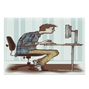Geek Cutting Board, Sketch of a Programmer Workaholic Guy Sitting in Front of Monitor and Keyboard Image, Decorative Tempered Glass Cutting and Serving Board, Large Size, Multicolor, by Ambesonne