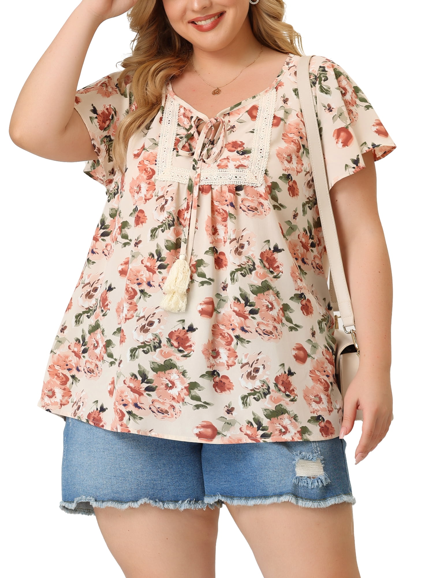 Unique Bargains Junior's Plus Size Chiffon Tassel Lace Flare Sleeve Floral Tops Apricot 1X