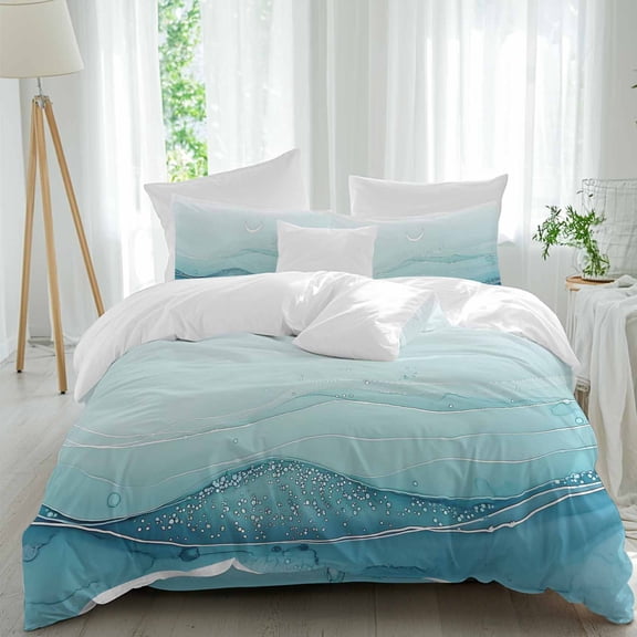 Abstract Ombre Blue Ocean Wave Comforter Set Twin Size, Sky Moon Modern Soft Bedding Set for Man Woman, 4 Pieces Duvet Cover Set with Flat Sheet, 2 Pillowcases