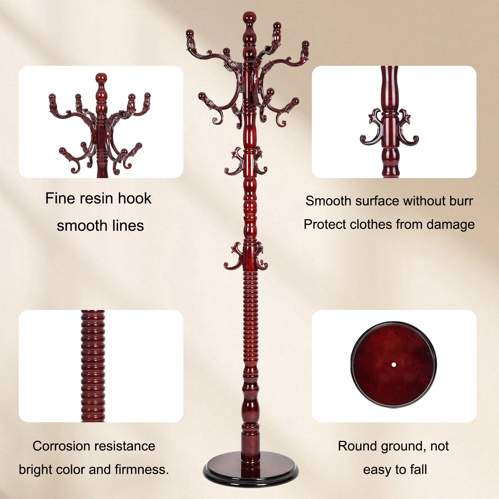 Freestanding Wooden Coat Rack, Natural Birch Wood Coat Tree with 14 Hooks, Sturdy Hall Tree for Entryway & Office