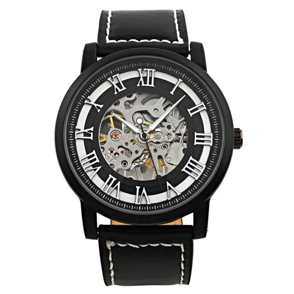 ESS Men's Black HandWind Up Mechanical Watch Skeleton Roman Numerals Leather Band Walmart