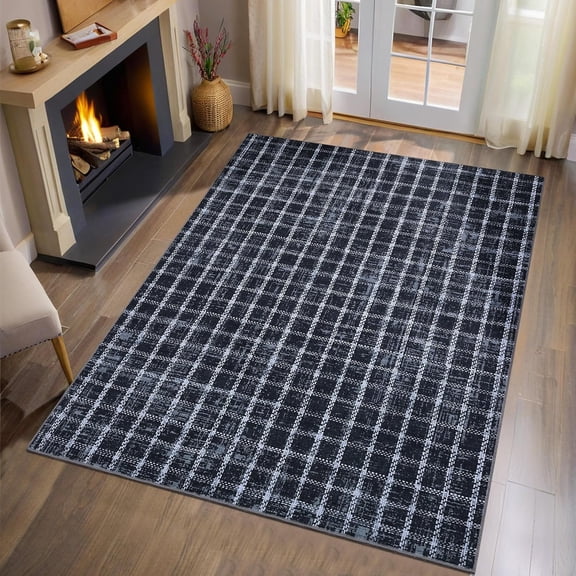 3x5 Checkered Distressed Area Rug, Washable Low Pile Non Slip Rug, Stain Resistant Indoor Floor Carpet for Entryway, Living Room, Bedroom, Dining Room, Office,blue
