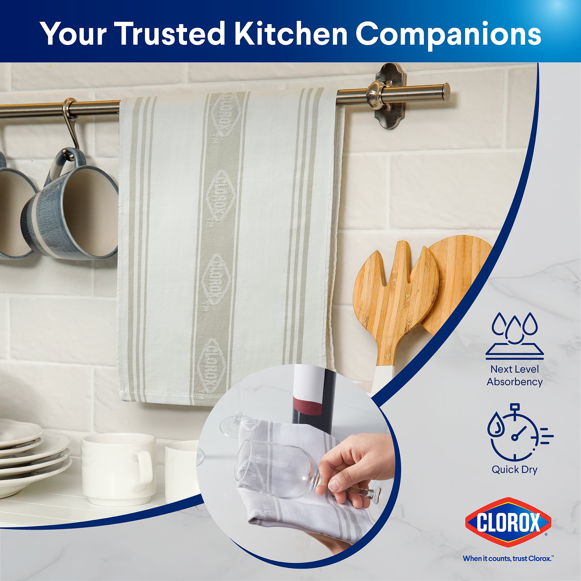 (2 pack) Clorox Cotton Kitchen Towel 1 Pack, Durable for Cooking, Drying Dishes, Cleaning - (15" x 25") Gray