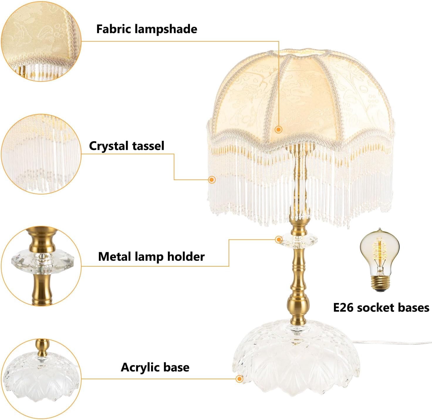 Victorian Style Tassel Table Lamp Bedroom Retro Bedside Lamp with Dome Shade and Beaded Fringe Trim, Living Room Golden Bedside Light Home Office