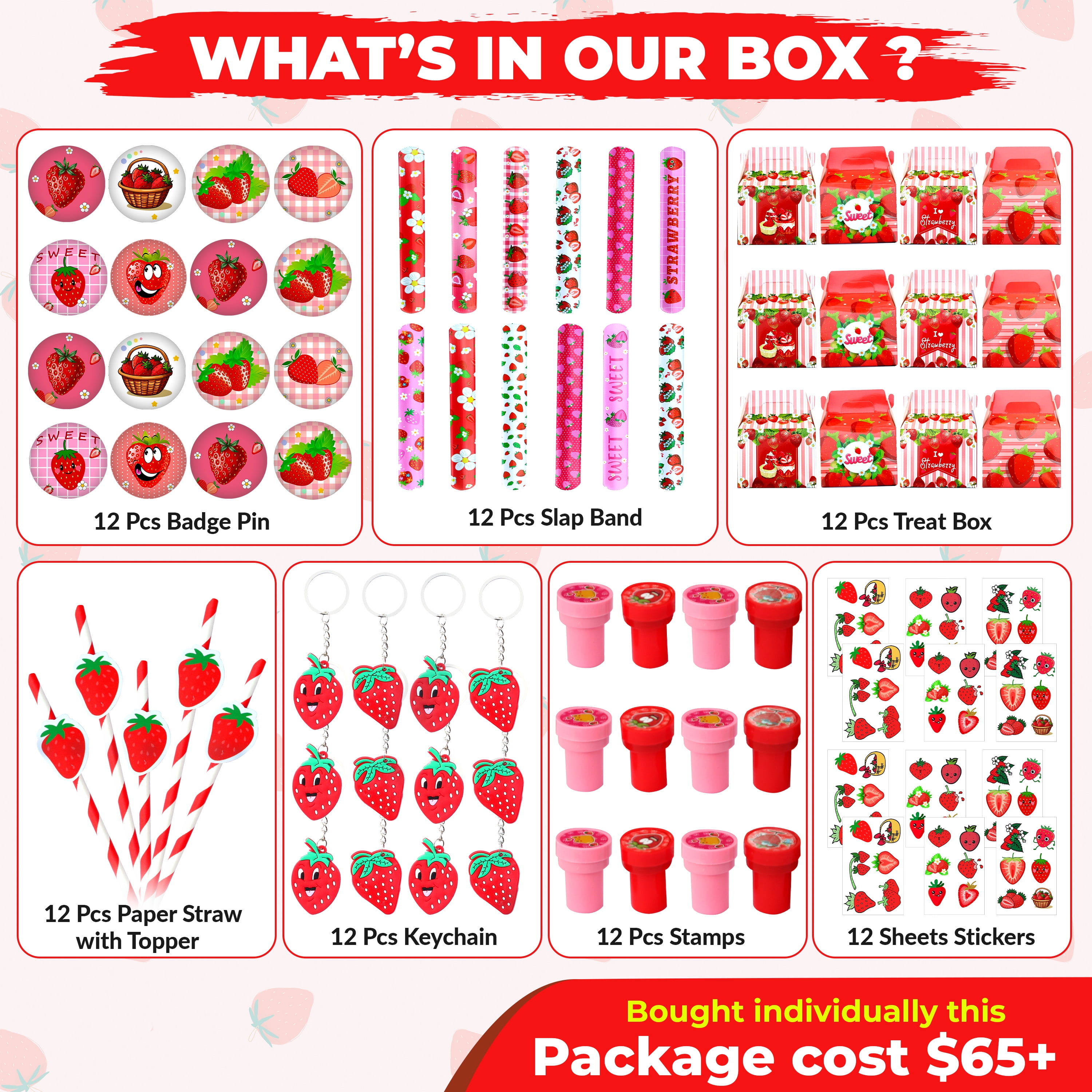 Strawberry Party Favor 84 PCS Sweet Berry Slap Treat Box Bracelets DIY Stickers Stampers Keychain Paper Straws Gift Rewards for Kids Girls Birthday Supply