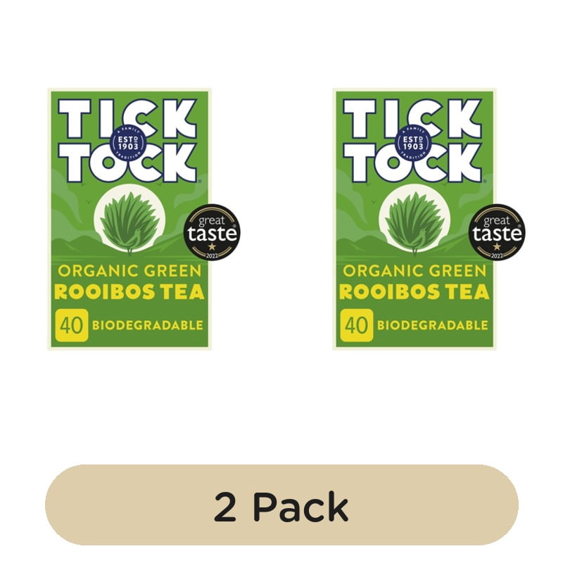 Tick Tock Organic Rooibos Green Tea Bags 40's, British Import (Pack of 2)