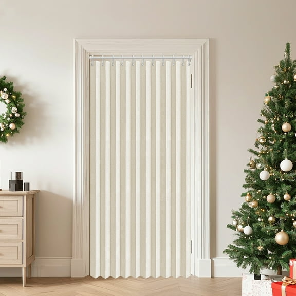 Rosnek Accordion Door Curtain with Hooks, 49"x 79" Pleated Folding Doors Curtain Privacy Doorway Curtain Sliding Door Shade for Bedroom Living Room Bathroom Closet, Beige