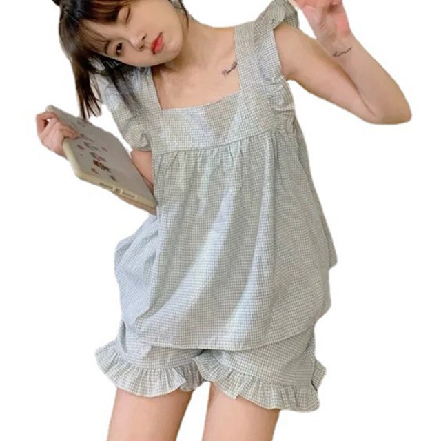 Slatcetga Conjunto de pijama de 2 piezas con volantes, camiseta sin mangas, pantalones cortos, conjunto de pijama suave y encantador con estampado de cuadros para verano, conjunto de ropa de dormir
