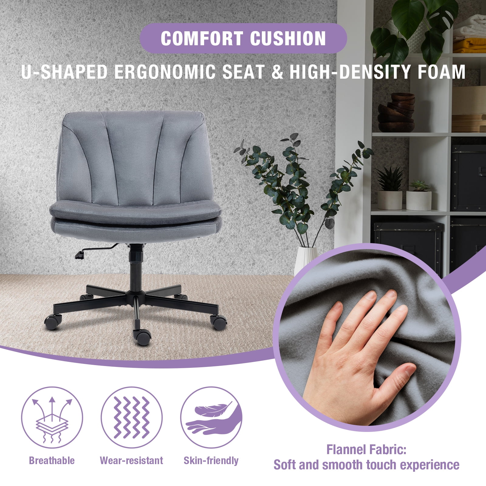 Criss Cross Legged Chair Ergonomic Home Office Desk Chair with Casters, Armless Wide Comfy Computer Task Seat Swivel Rolling Vanity Chair with Height Adjustable and Rocking Function, Gray