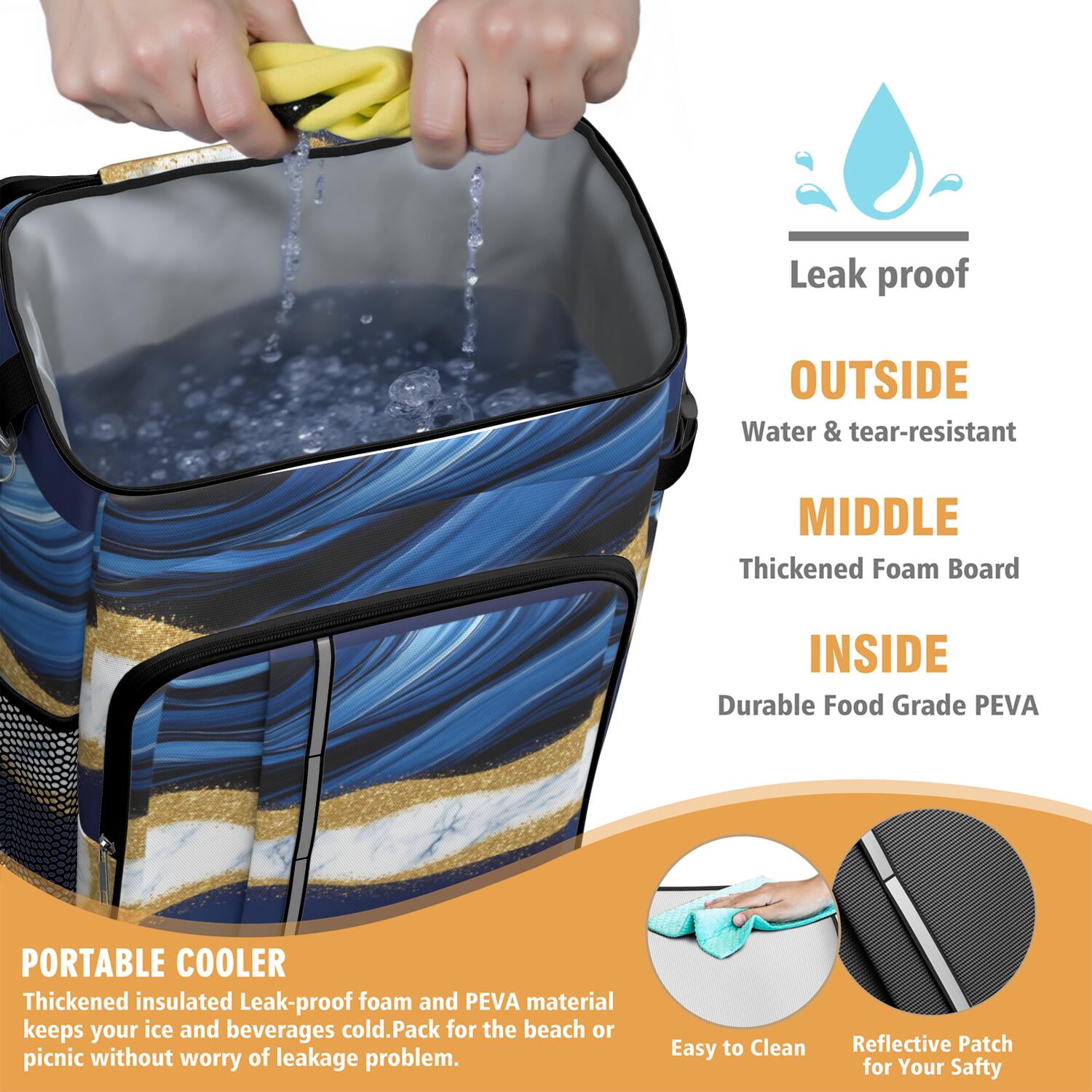 Travel Cooler Bag - Blue Gold Marble Camping Beer Cooler Backpack with Bottle Opener- Waterproof Insulated Picnic Backpacks - Cooler Bag for Beach