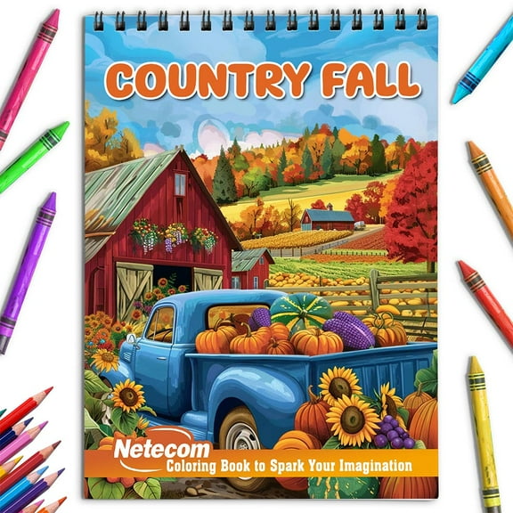 Netecom Country Fall Coloring Book for Adults, Spiral Bound, Soft Cover