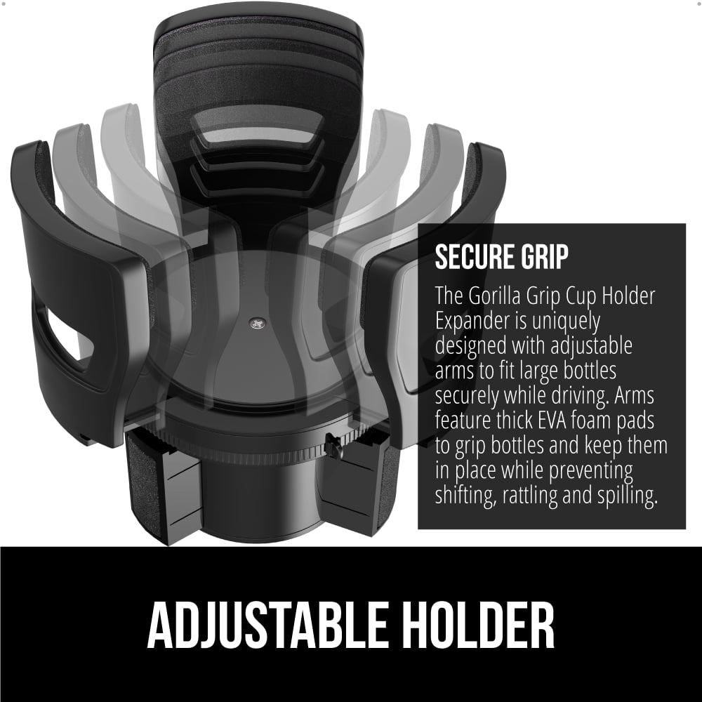 GORILLA GRIP Car Cup Holder Expander, Fits 18 to 48 oz Water Bottles, Coffee Mugs, Black