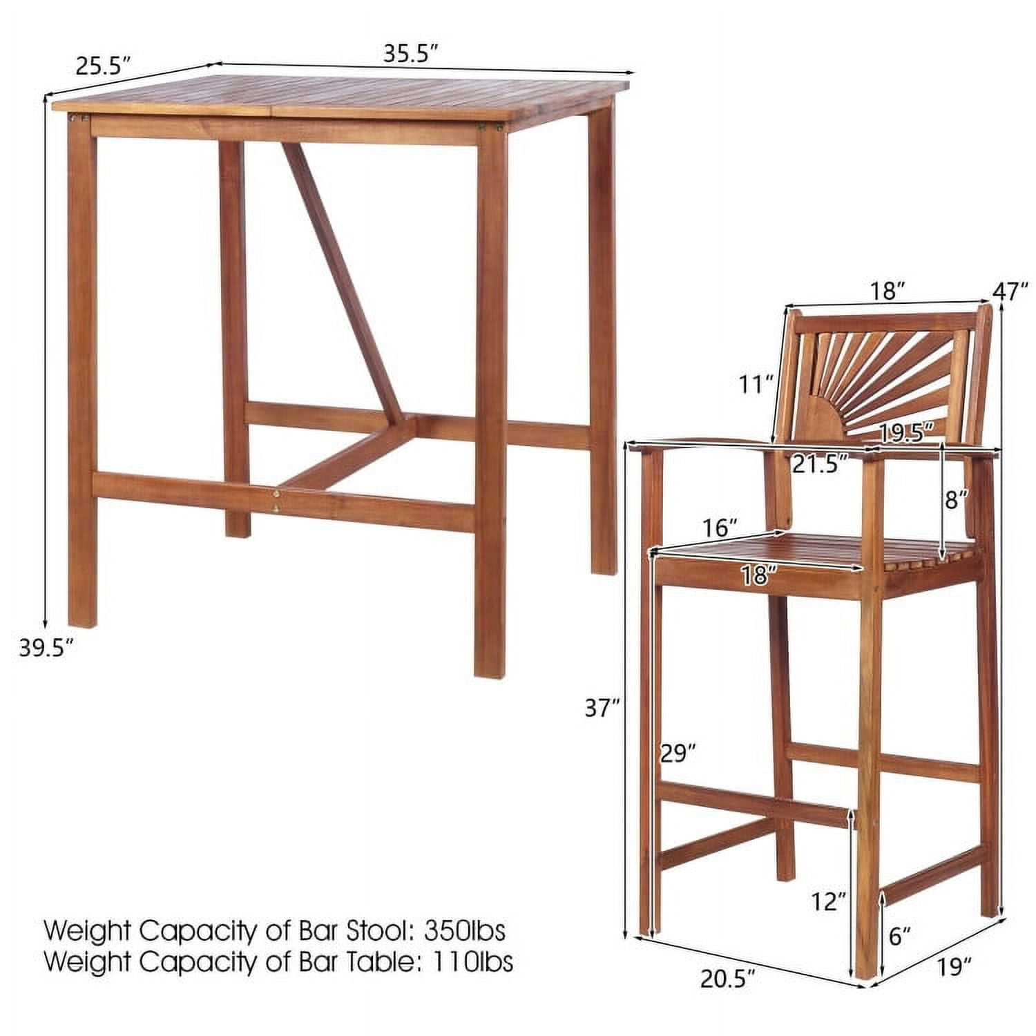 Aimee Lii 3 Pieces Acacia Wood Patio Bar Set with Sunflower Patterned Backrest, Outdoor Patio Furniture