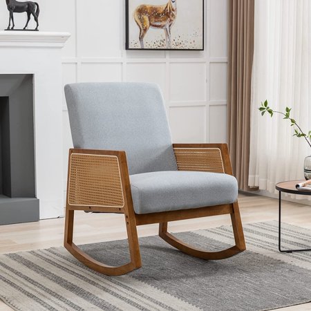 Tabaray Rocking Chair for Nursery,Mid Century Modern Rocking Chair with Arms,Wood Mesh Side,Upholstered Rocker Chair for Nursery,Living Room,Bedroom (Blue Linen)