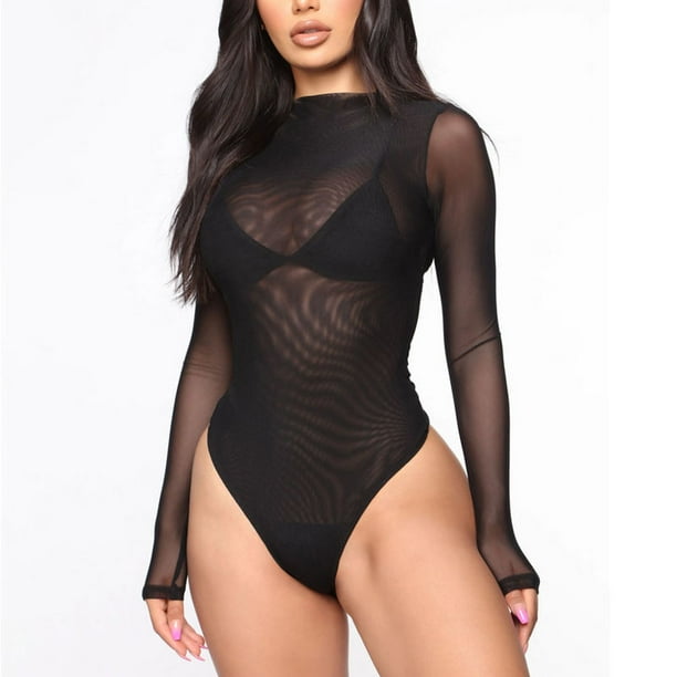 Body de malla transparente para mujer, lencería Sexy de manga
