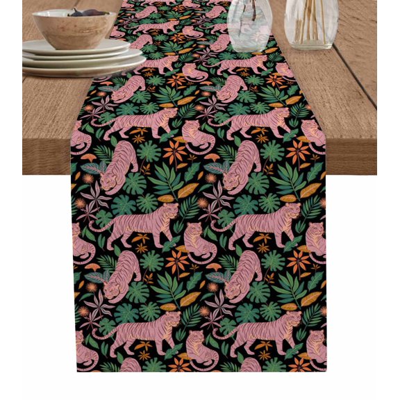 ERUNPONLY Tiger Leaves Table Runner - 48 Inch Long Vintage Farmhouse Watercolor Animals Plants Cotton and Linen Blended Dress Scarves Farmhouse Table Runner for Kitchen Dining, Coffee Table, 13"x48"