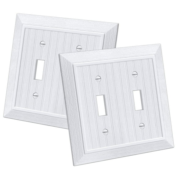 CML Classic Double Toggle Light Switch Wall Plate 2-Gang Outlet Covers Vintage Retro Wood Grain Design Standard Size 4.95 X 4.87 Impact Resistant 2-Pack White