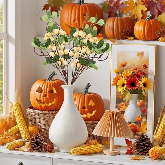 LSLJS Halloween Simulation Pumpkin Maple Leaf Branch Indoor Party Fake Flower Decoration Flower Vase Arrangement Ornament Fall Decorations for Home