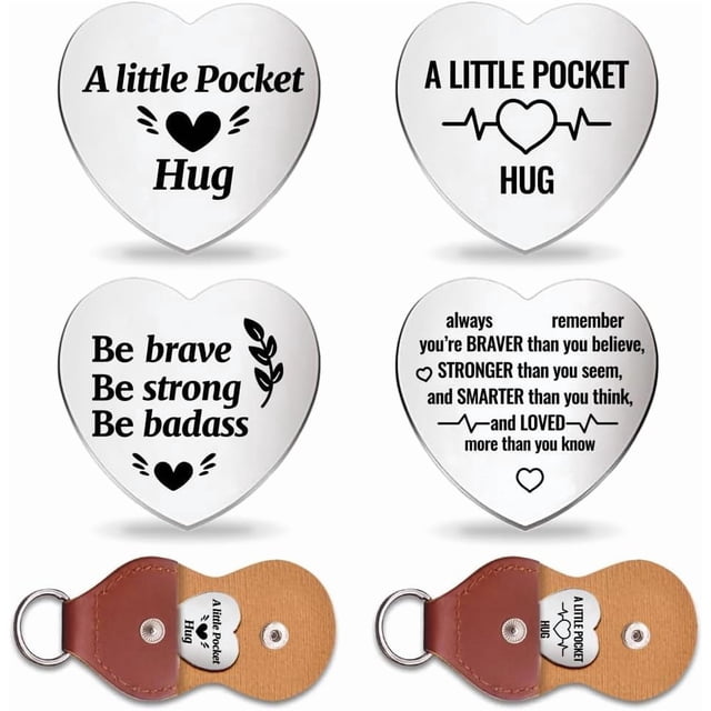 2Pcs Pocket Hug Token Inspirational Long Distance Relationship Keepsake Stainless Steel Double Sided Engraved Commemorative Pocket Hug Token Gift Coins with Keychains for Lover