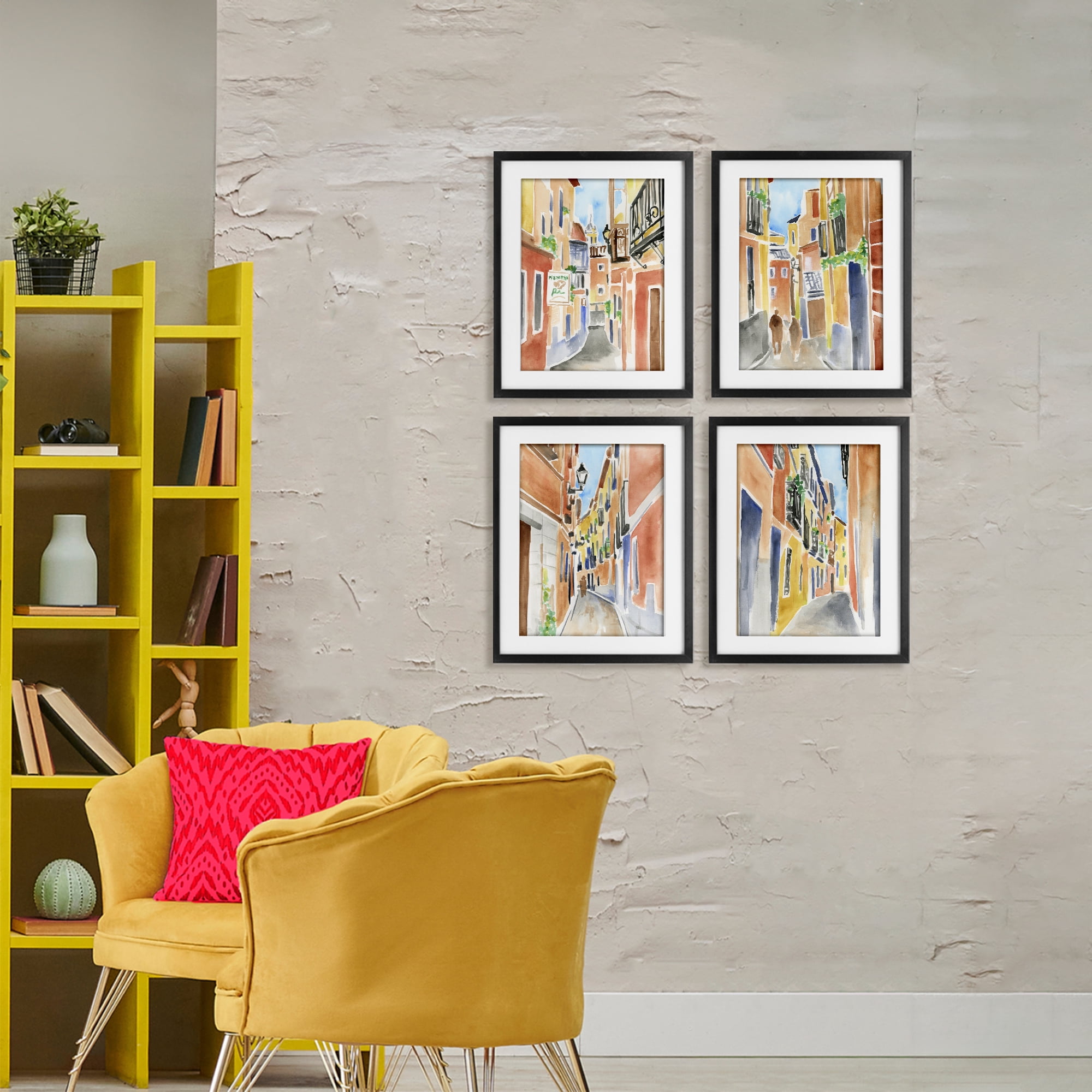Stupell Industries Madrid Buildings & Architecture 4 Piece Black Framed Print Under Glass Set, design by June Erica Vess