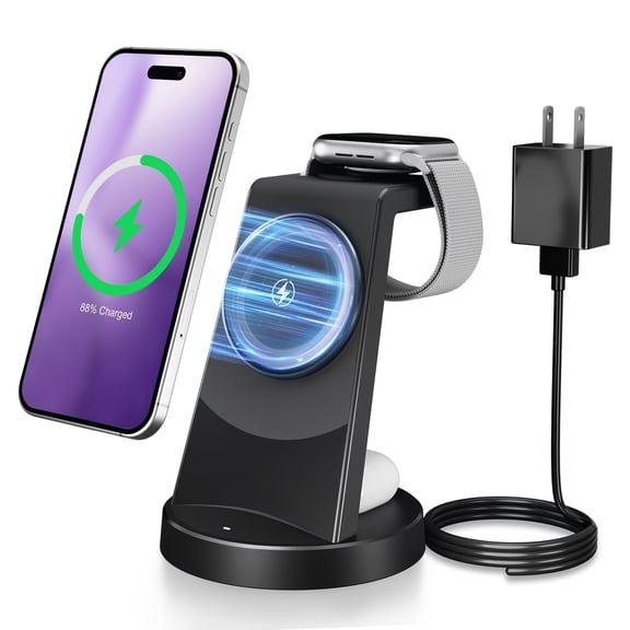 Charging Station, 15W Wireless Charger for iPhone 17 16 15 14 13 12 Pro X Max XR, Compatible with AirPods iWatch,3 in 1 Magnetic Stand