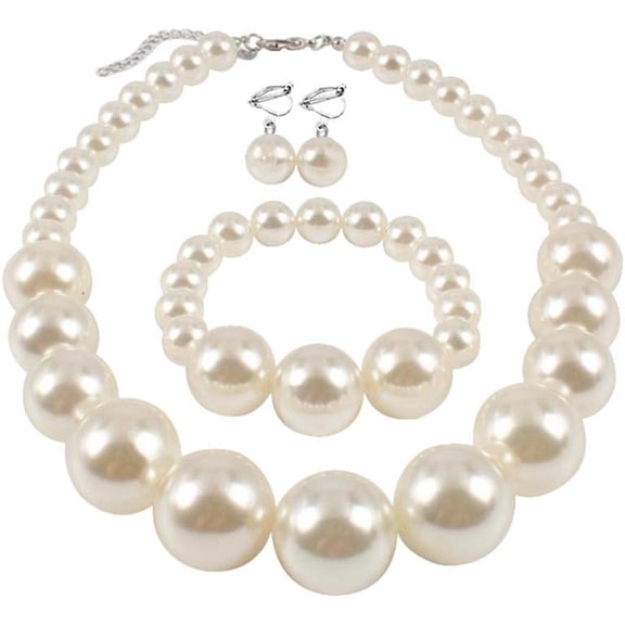 Bridal Wedding Faux Pearl Statement Necklace and Clip on Earrings Bracelet Jewelry Sets Women Bib Choker Necklace
