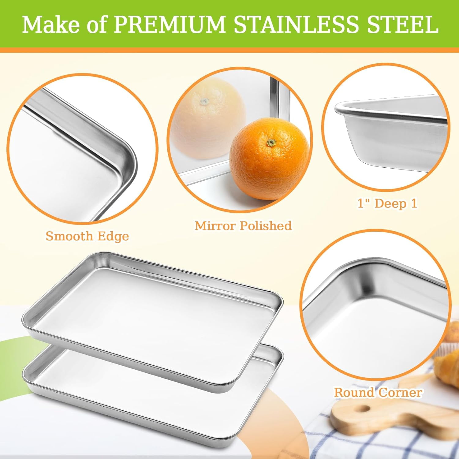 Baking Sheet Set of 2 - Stainless Steel Cookie Sheet Baking Pan, Size 10 x 8 x 1 inch, Non Toxic & Heavy Duty & Mirror Finish & Rust Free & Easy Clean