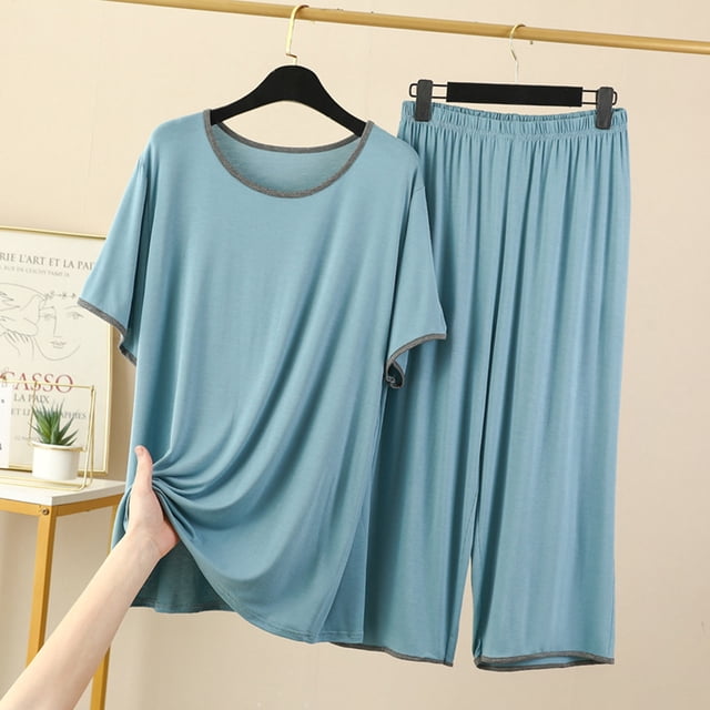 tarylea Ensemble de Pyjamas pour Femmes Costumes à Blocs de Couleur Col Rond Manches Courtes Hauts Taille Élastique Pantalon Grand Décontracté Ample Été Confortable Ensemble de Détente