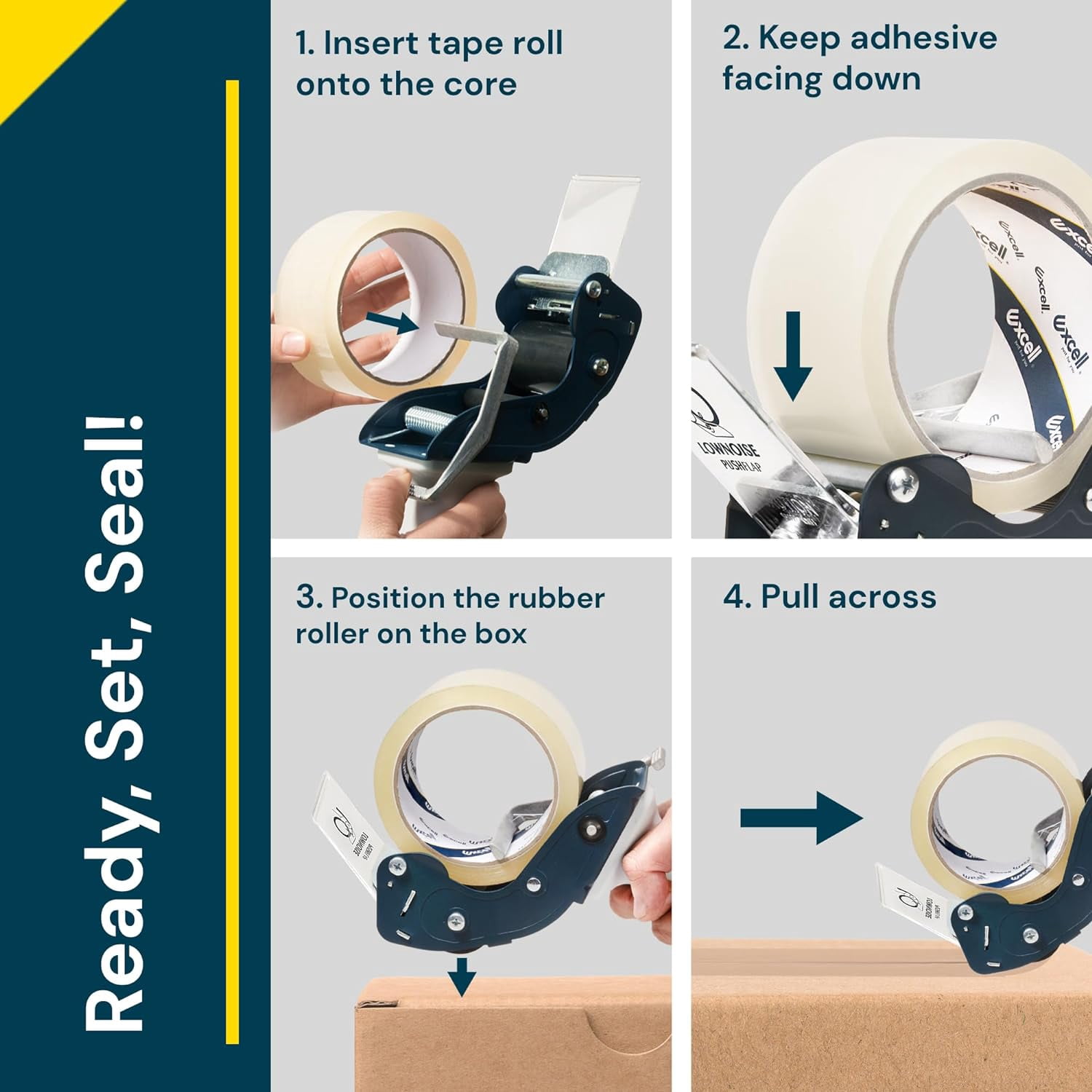 Excell Low Noise Packing Tape Dispenser, Tape Gun Fit 2 Inch Wide Tape 3 Inch Core for Carton, Packaging and Box Sealing - 2Pack
