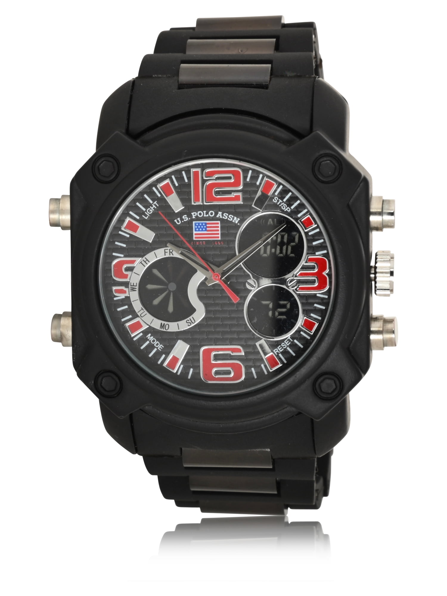U.S. Polo Assn. Men's Watch in Black Case w/ Red and Blue Analog and ...