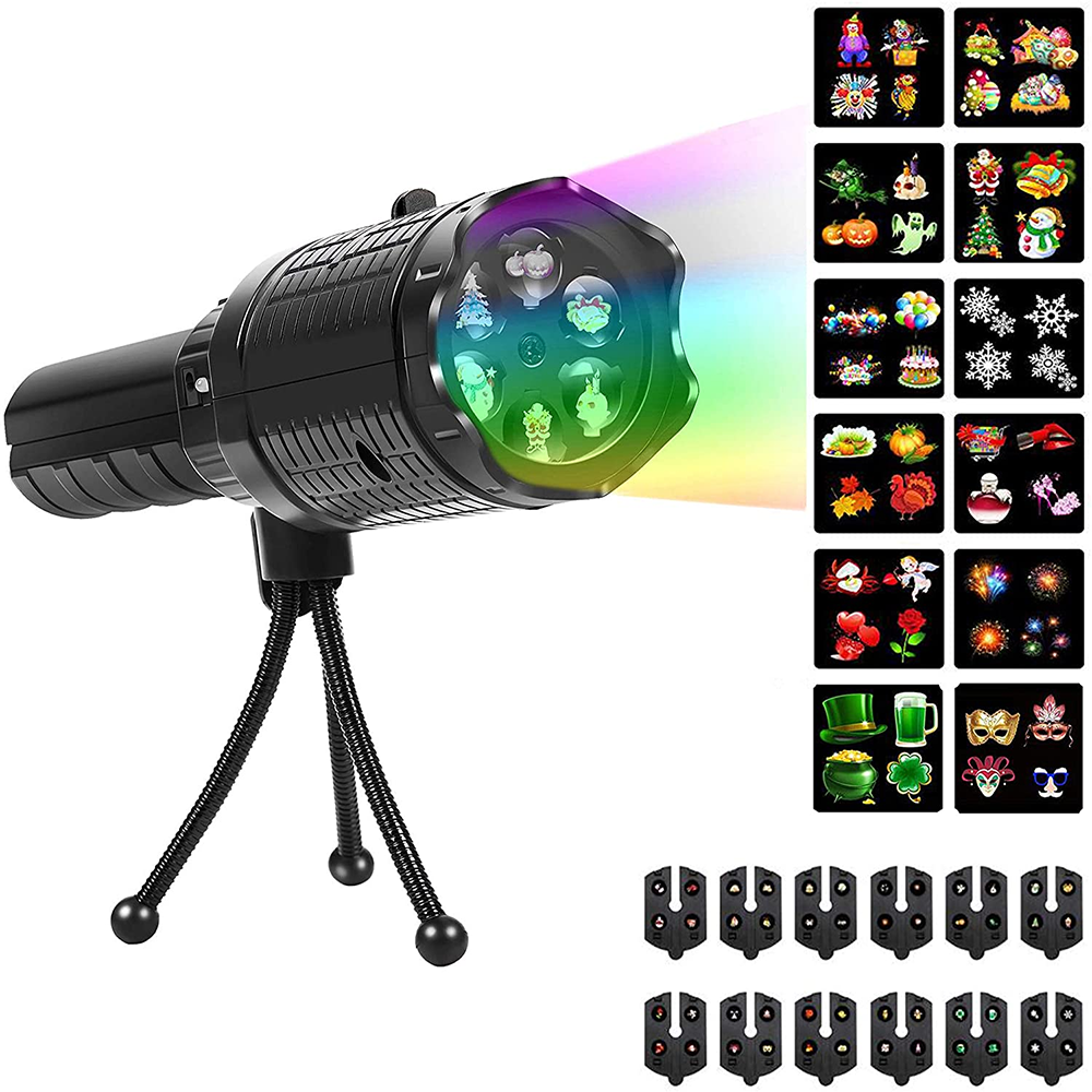 Upgrade LED Projector Flashlight Christmas with Music Rechargeable Portable Flashlight with 12 Pattern Slide Cards and Tripod Handheld Projector Light Show for Halloween Christmas Easter Birthday Party Holiday 