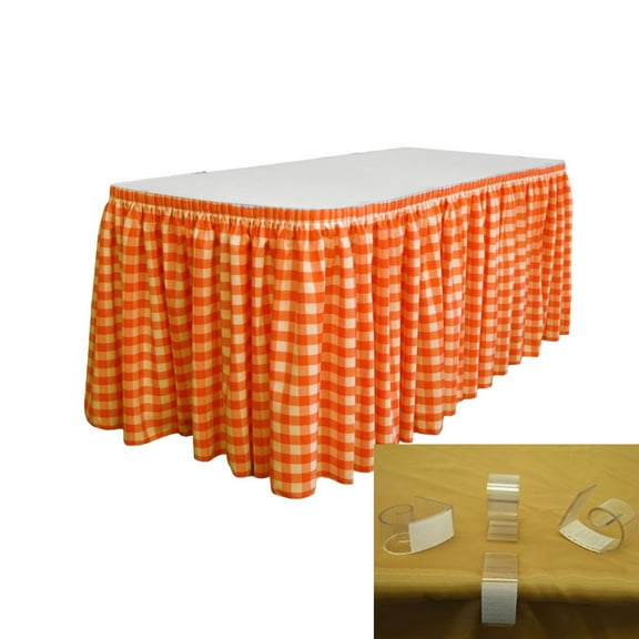 LA Linen Polyester Gingham Checkered Table Skirt 17-Foot by 29-Inch Long with 10 L-Clips, White and Orange