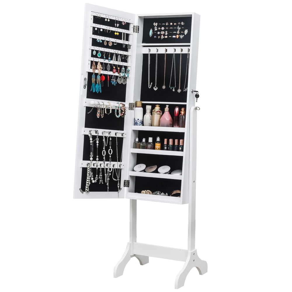 Kepooman Non Full Mirror Wooden Floor Standing 4-Layer Shelf Jewelry Storage Adjustable Mirror Cabinet - White Kepooman Non Full Mirror Wooden Floor Standing 4-Layer Shelf Jewelry Storage Adjustable Mirror Cabinet - White